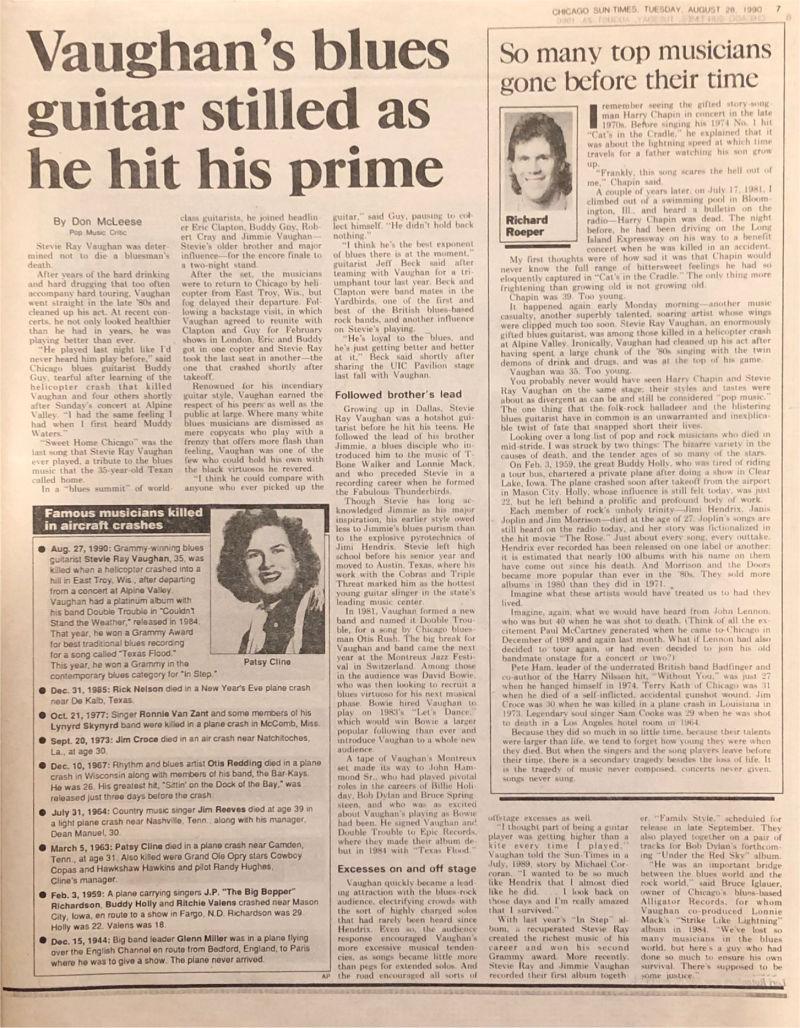 Stevie Ray Vaughan Death Newspaper Report