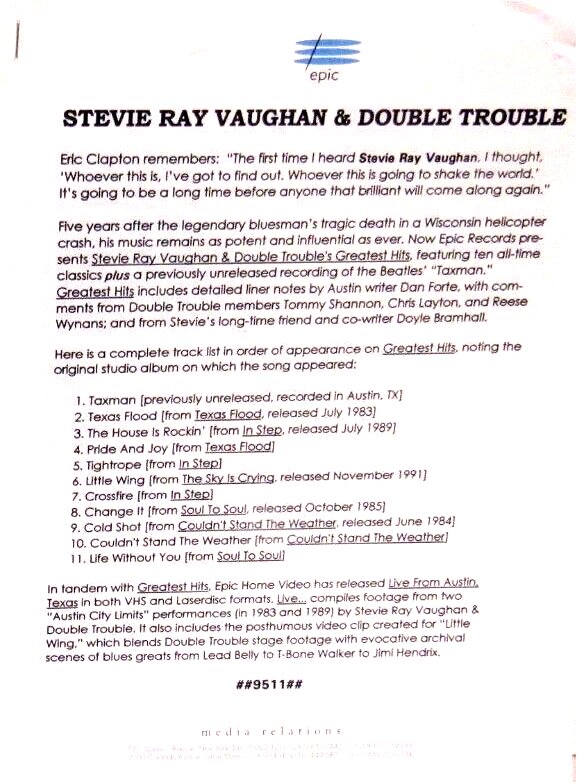 Stevie Ray Vaughan Greatest Hits Press Pack