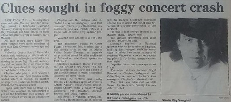 Stevie Ray Vaughan Death Newspaper Report