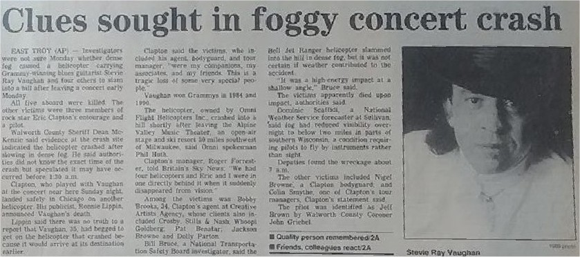 Stevie Ray Vaughan Death Newspaper Report