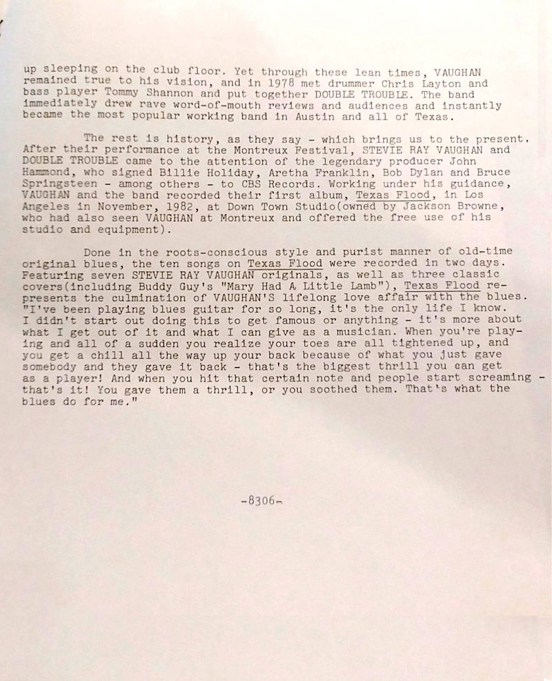 Stevie Ray Vaughan - Texas Flood Press Release